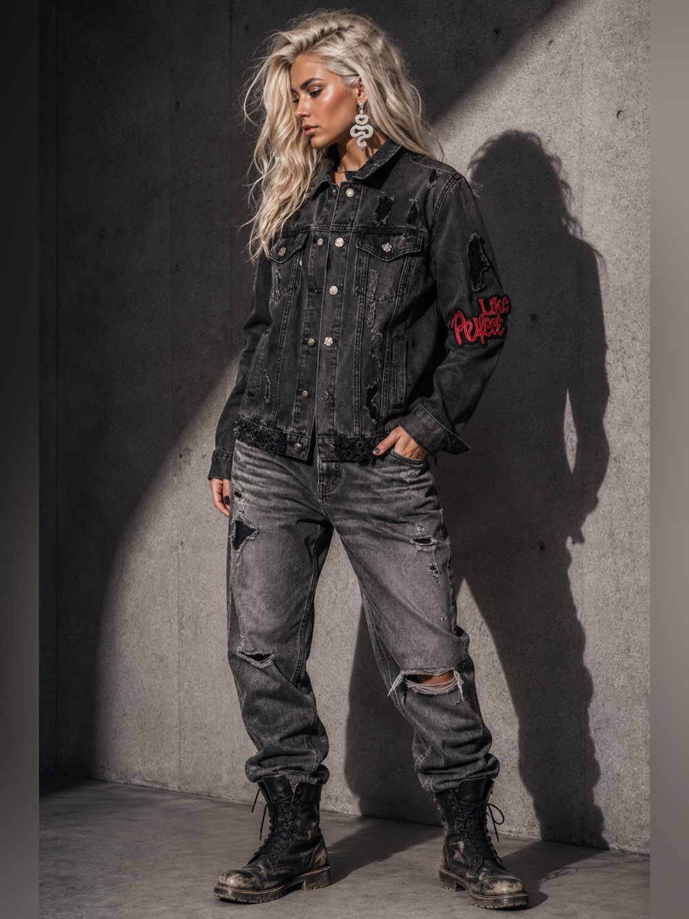 “Wisdom” Black Distressed Denim Jacket with Red Snake Appliqué - Picture 2 of 9